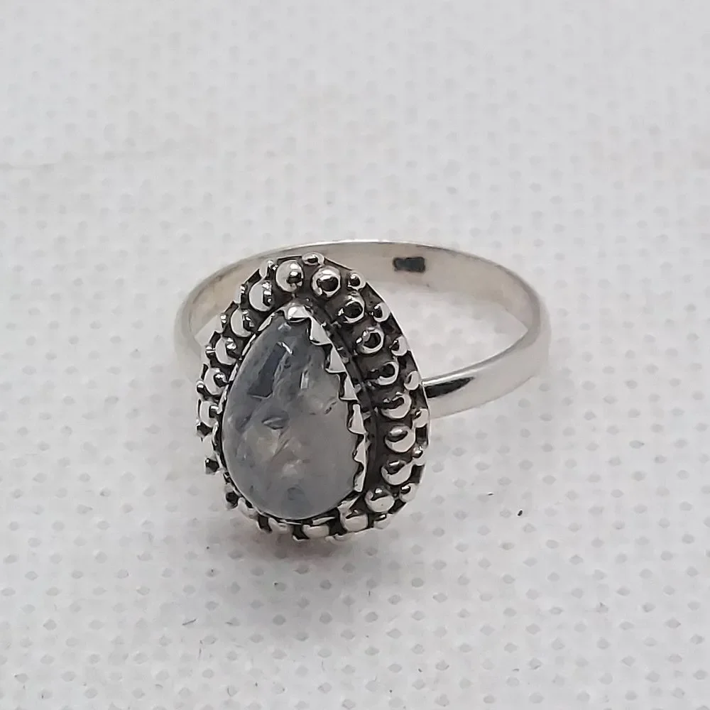 Ring 925 Sterling‎ Silver blue flash moonstone size 5
